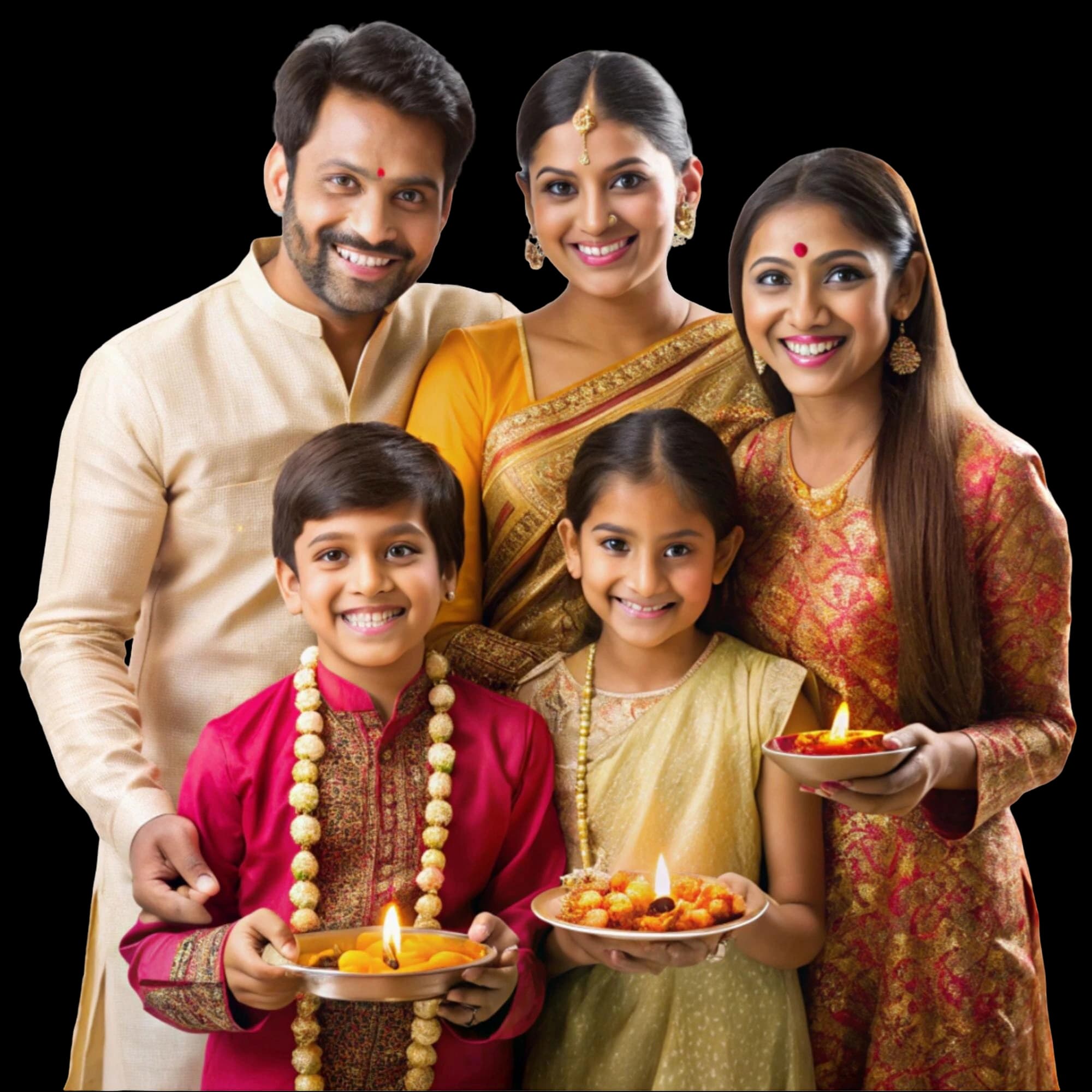 A devotional family celebrating with diya and sacred offerings